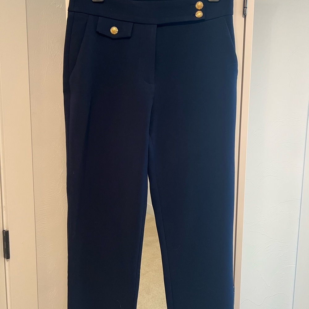 Veronica Beard Navy Renzo Pants with Gold Buttons